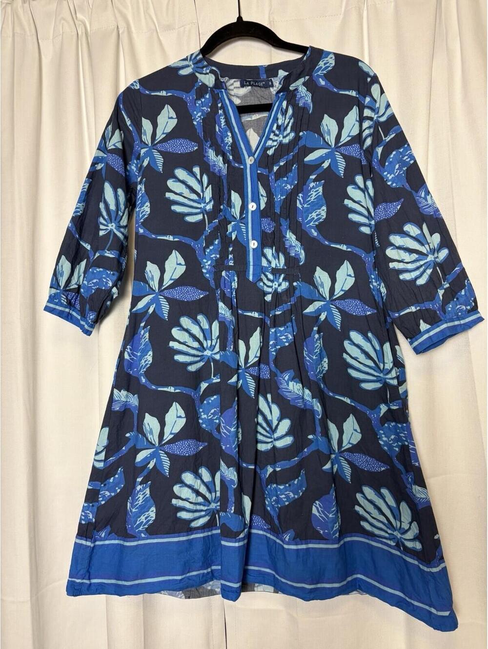 La Plage Blue Floral Cotton Button Down Tunic Mini Dress. Size XS $250
